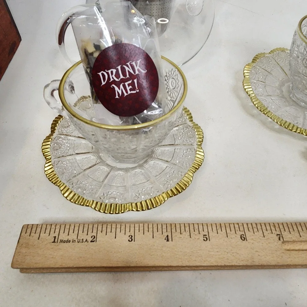 Alice In Wonderland Tea Set We're All Mad Here Glass Teapot Cups Wood Chest Box